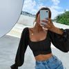 Spring and summer European and American sexy temperament straps slim square collar ultra-short long-sleeved women's shirt top women