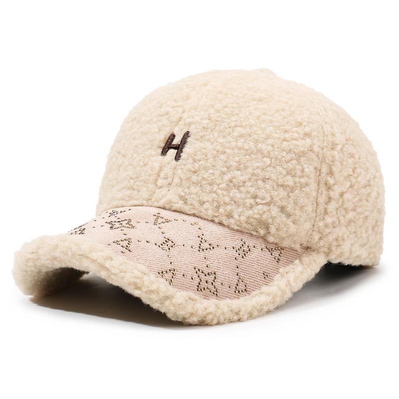 Autumn Winter Lamb Wool Baseball Cap Plush Warm Cap Large Head Circumference Embroidered Letter Cap