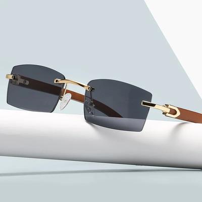Rectangle Fashion Rimless Sunglasses For Women Men Gangster 90S Frameless Shades Retro Vintage Trendy Wooden Frame Eyewear