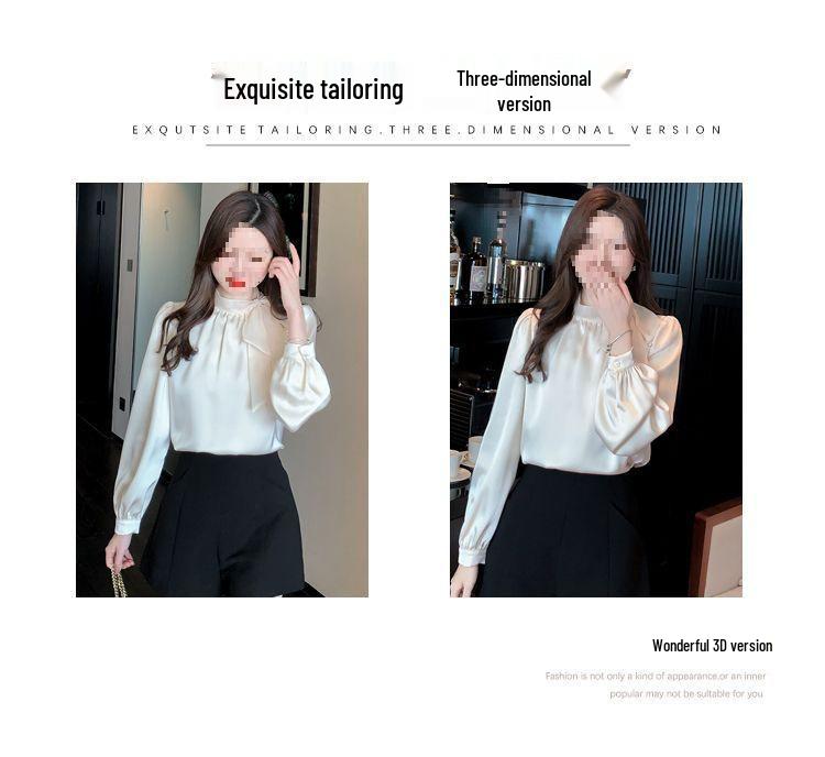 Women's French Bow Chiffon Blouse - Elegant Long Sleeve Top for Spring and Autumn.