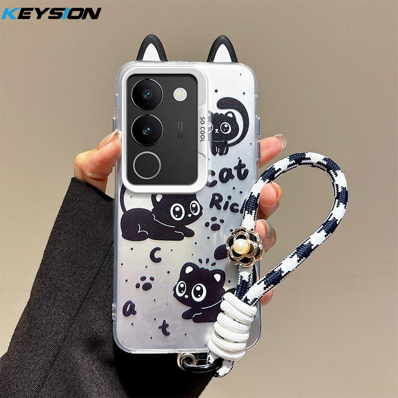 KEYSION Cute Ear Cartoon Case for VIVO V29 5G with Lanyard Soft Silicone+PC Shockproof Phone Back Cover for VIVO V29 5G