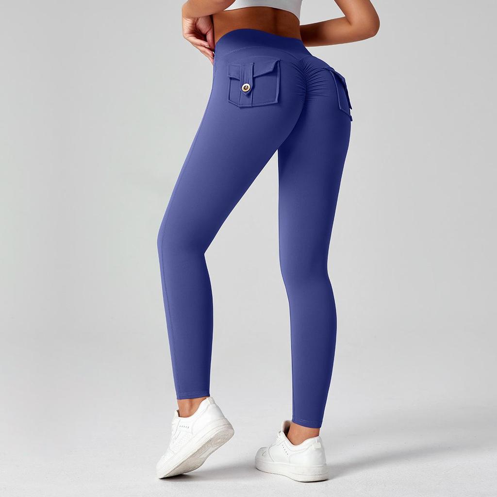 Fitness Leggings With Pocket Sports Yoga Pants Scrunch Buttons Peach Hips Workflow High Waist Running Gym Tights Women