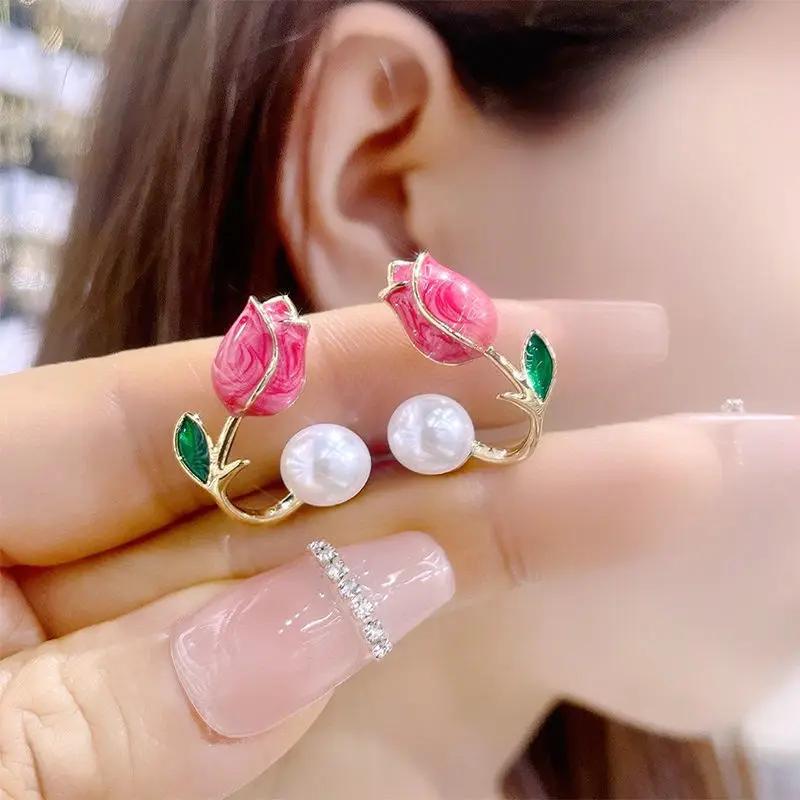 Sweet Cute Enamel Pearl Tulip Flower Stud Earrings for Women Korean Temperament Back Hanging Earring Fashion Jewelry