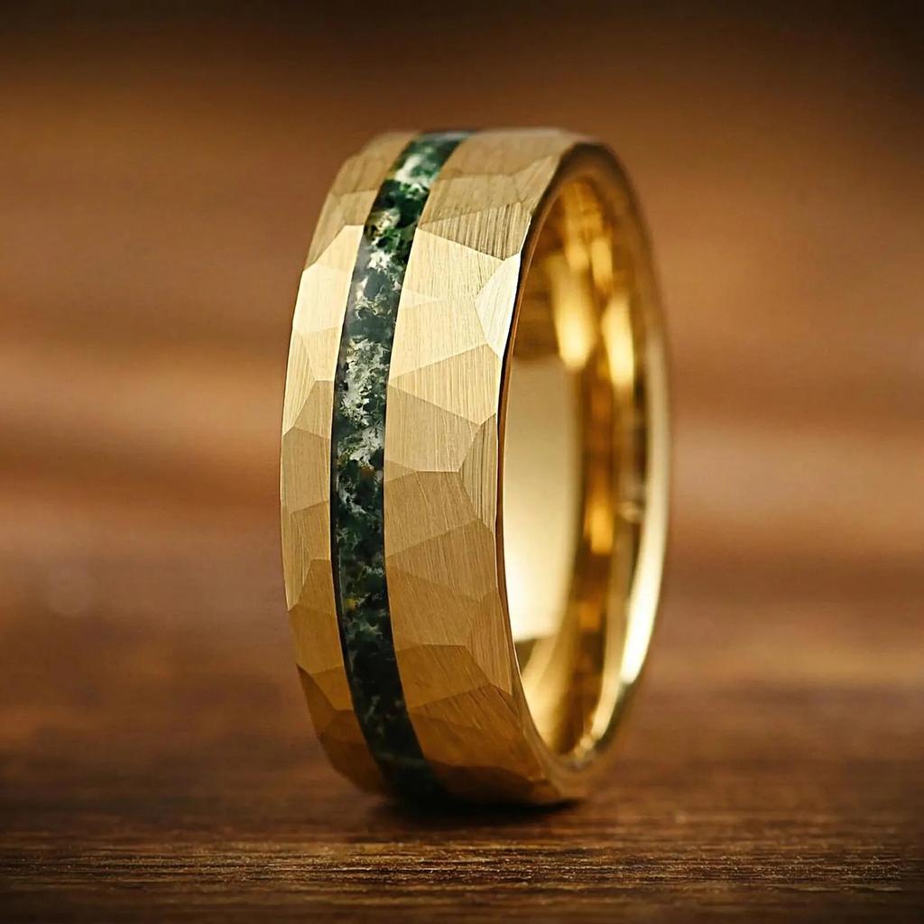 Vintage Men Stainless Steel Ring Fashion Gold Color Hammered Stripe Finish with Green Moss Inlay Rings For Men Wedding Band