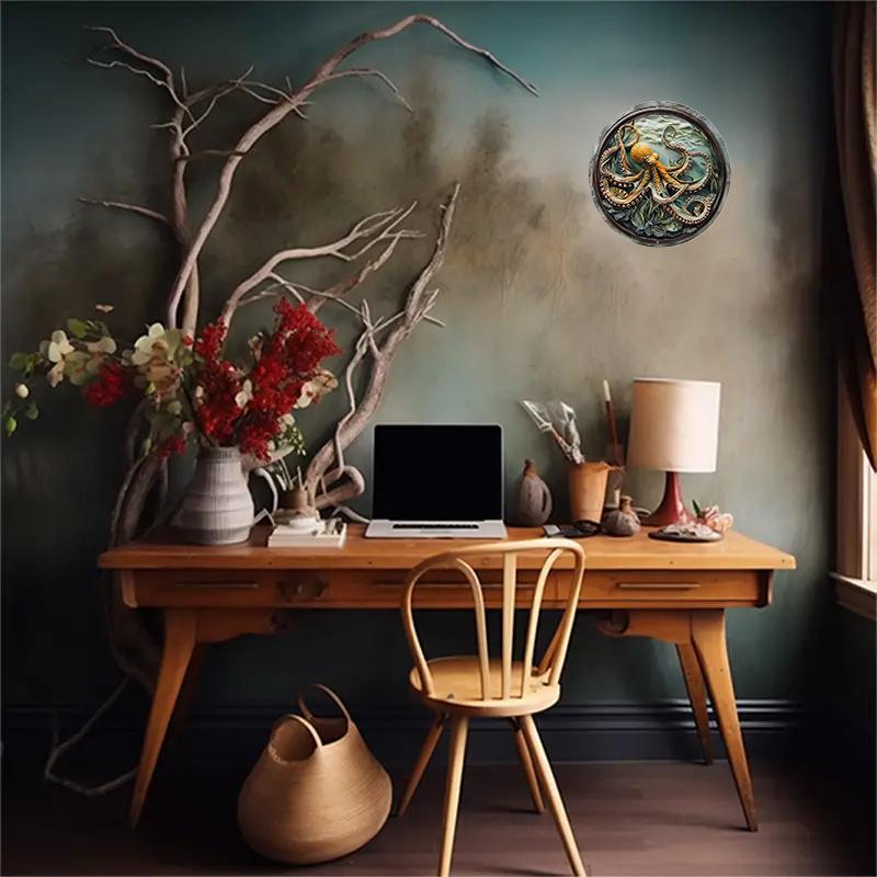 Round wooden Mark Colored Plastic Window Hanging, Embossed, Octopus Pattern for Home, Office, Wall Decoration Art