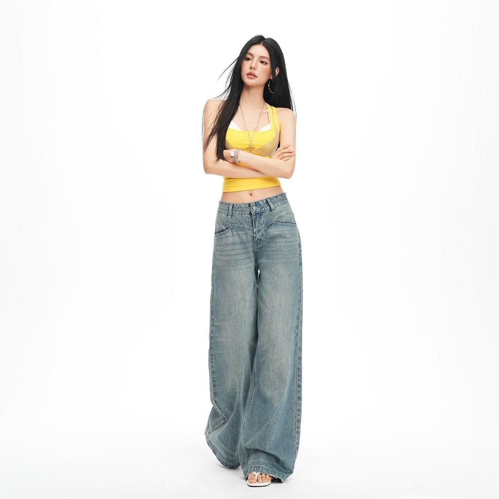 Spring Summer Vintage High Waist Slim Drape Straight Floor Wide Leg Denim Pants For Ladies Casual Pants Oversize Denim Trousers