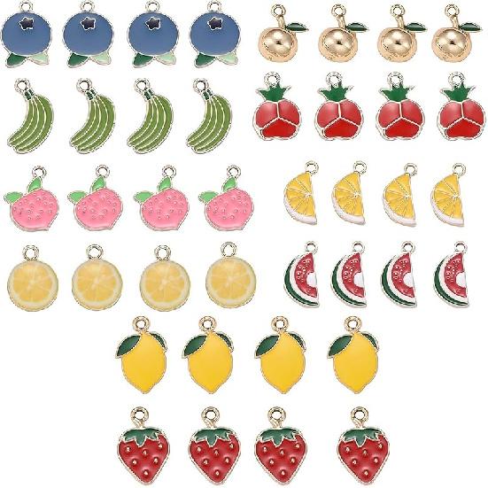 FASHEWELRY 40Pcs Alloy Fruit Theme Enamel Charms 10 Styles Cute Orange Peach Blueberry Strawberry Dangle Pendants Light Gold Plated for Jewelry