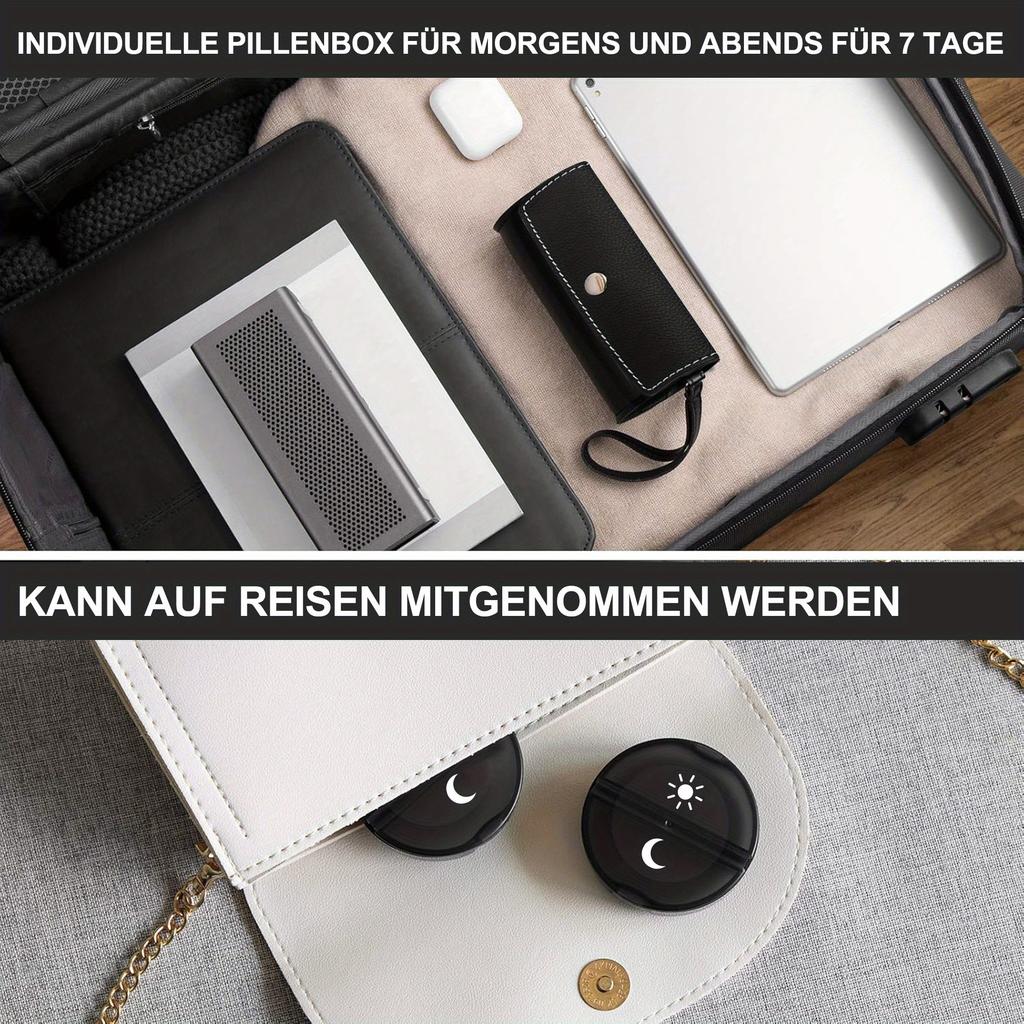 (German printing)Weekly Pill Organizer 2 Times a Day 7 Day Pill Box with PU Leather Case Portable Travel Medication Container