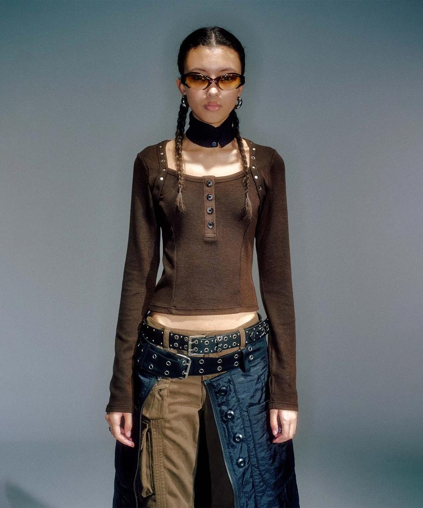 Beikeonteuakaibeu Jane Stud Bolero Knit Top Brown