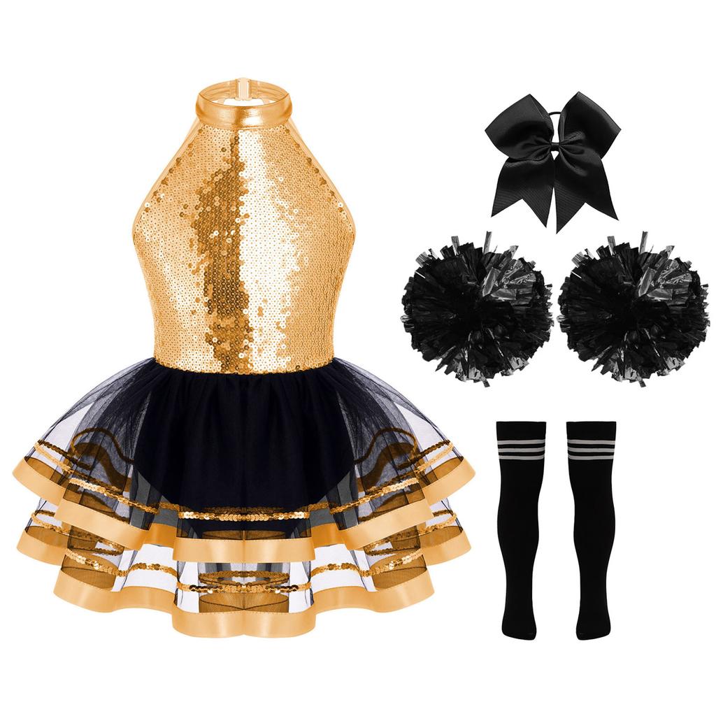 Girls Cheerleading Outfit Sleeveless Halter Sparkling Sequins Backless Tulle Tutu Dress Flower Balls Headwear Socks Set