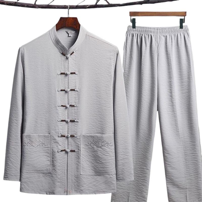 Men's Tang Suit Ice Silk Set - Long-Sleeve Chinese Tai Chi Hanfu for Spring/Summer