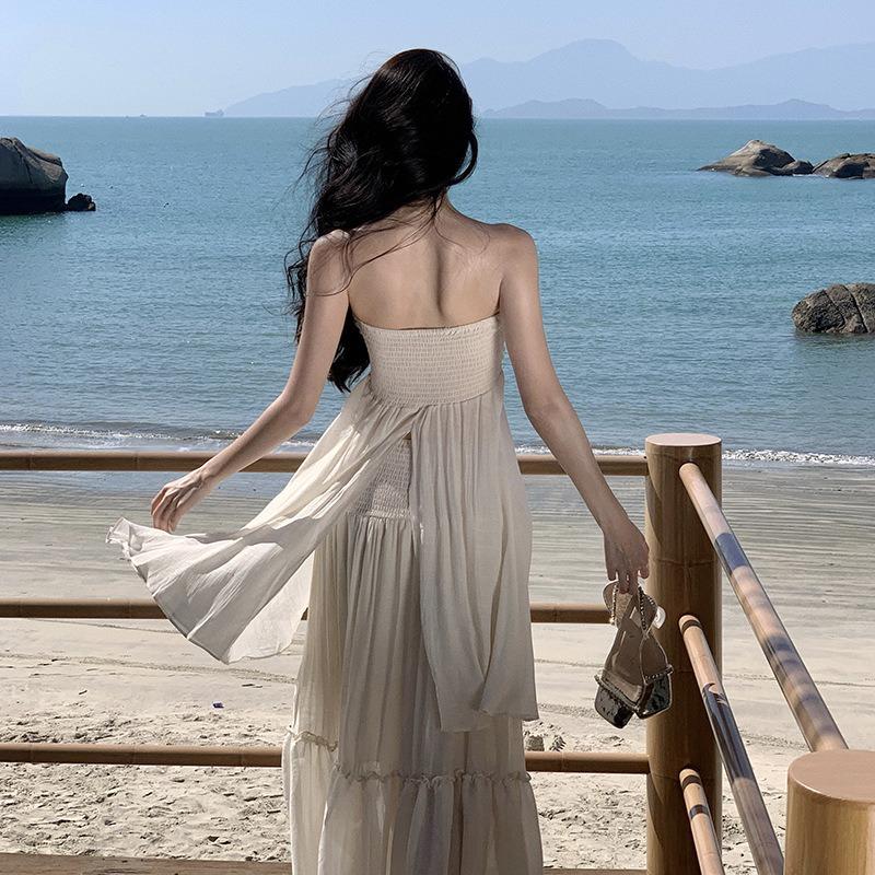 Neck Tube Top Seaside Vacation Dress, High-end Feeling, Big Swing, Elegant Fairy Gas Photo Suit Skirt