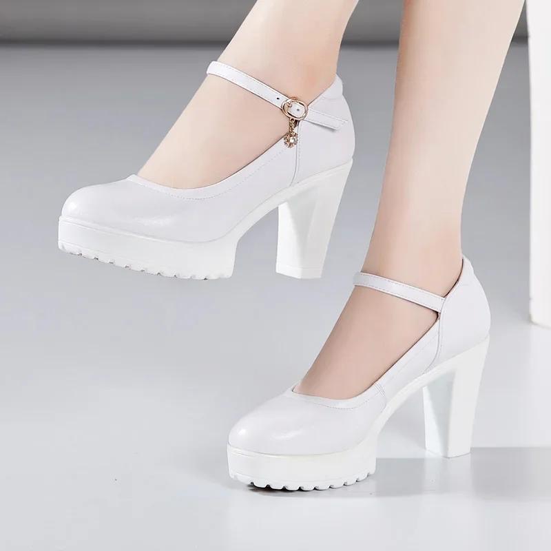 Fashion Cowhide Women's High Heel Shoes with Heels Platform Mary Jane Shoes Women Pumps Office Work Shoe Women's Wedding Shoes 32-43