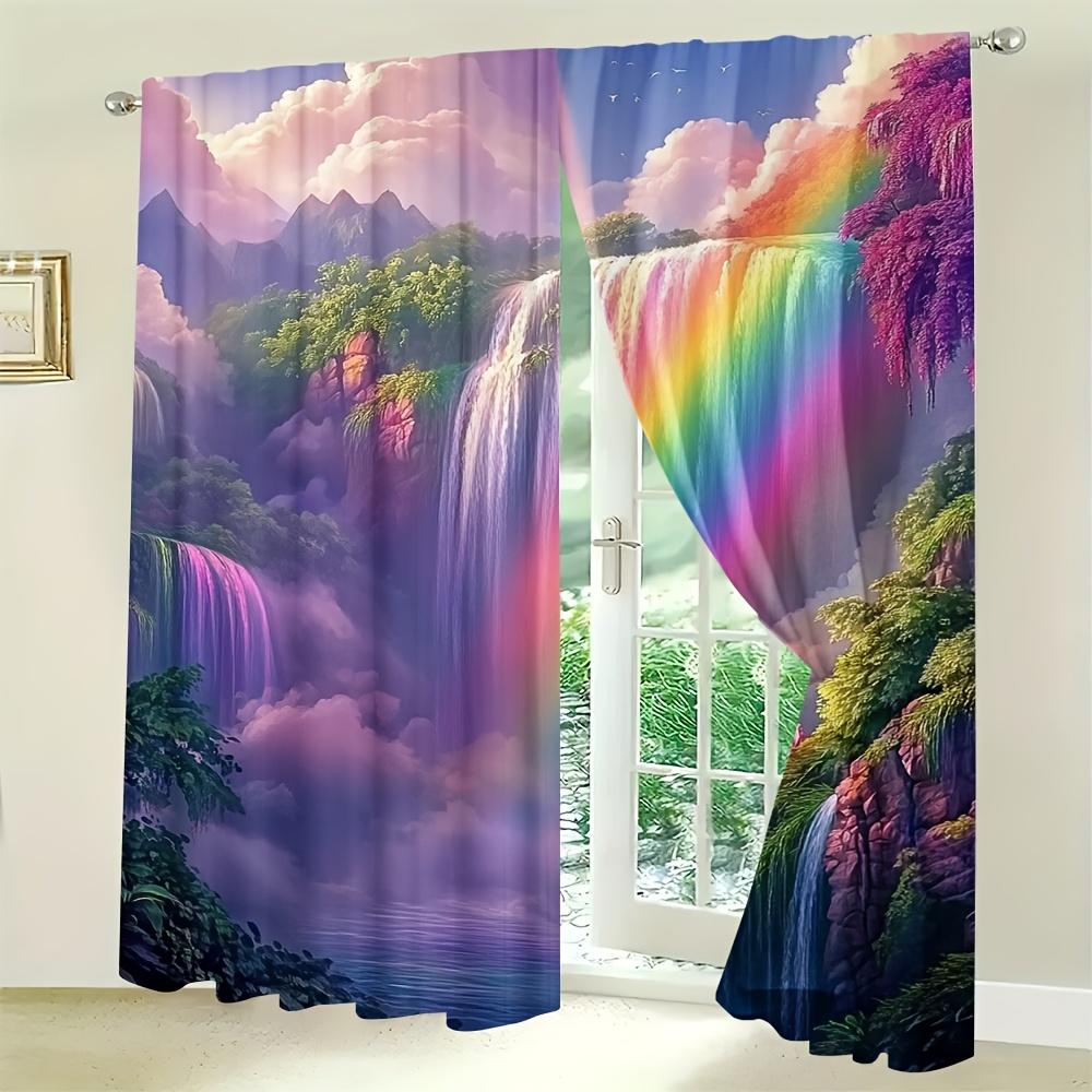 2pcs Whimsical Rainbow Falls Curtains - Vibrant Waterfall & Rainbow Design   100% Polyester   Rod Pocket Window Treatment for Livi