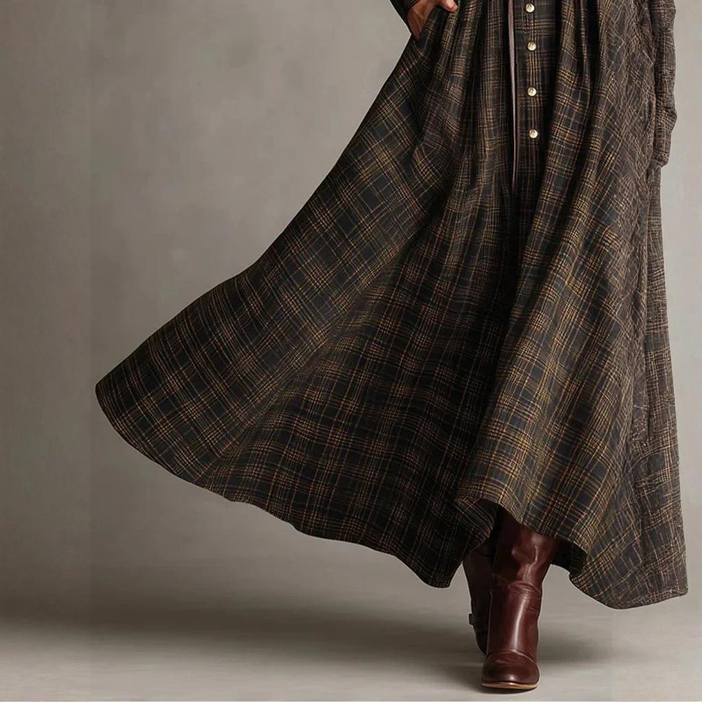 Damen kariertes Hemdblusenkleid, V-Ausschnitt, einreihig, mit Schlitz, Maxikleid