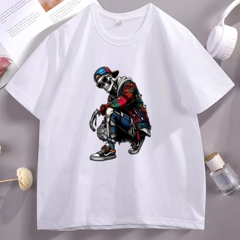 Unisexs Cotton Short Sleeve Skull Graphic Tee Casual Round Neck Short Sleeve Tshirt Cotton Printed Streetwear Male Clothing Tops
