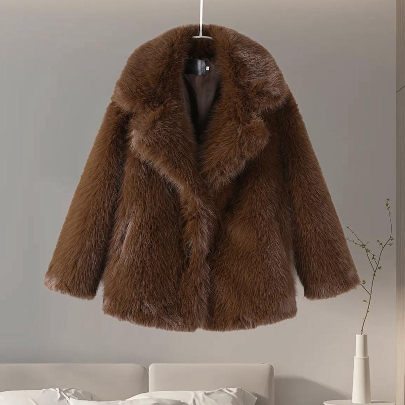 

Повседневная однотонная женская шуба с городским лацканом, имитация лисьего меха, плюшевые пальто для женщин 2025 года, осень-зима, светская львица, женское пальто из меха M кофейный