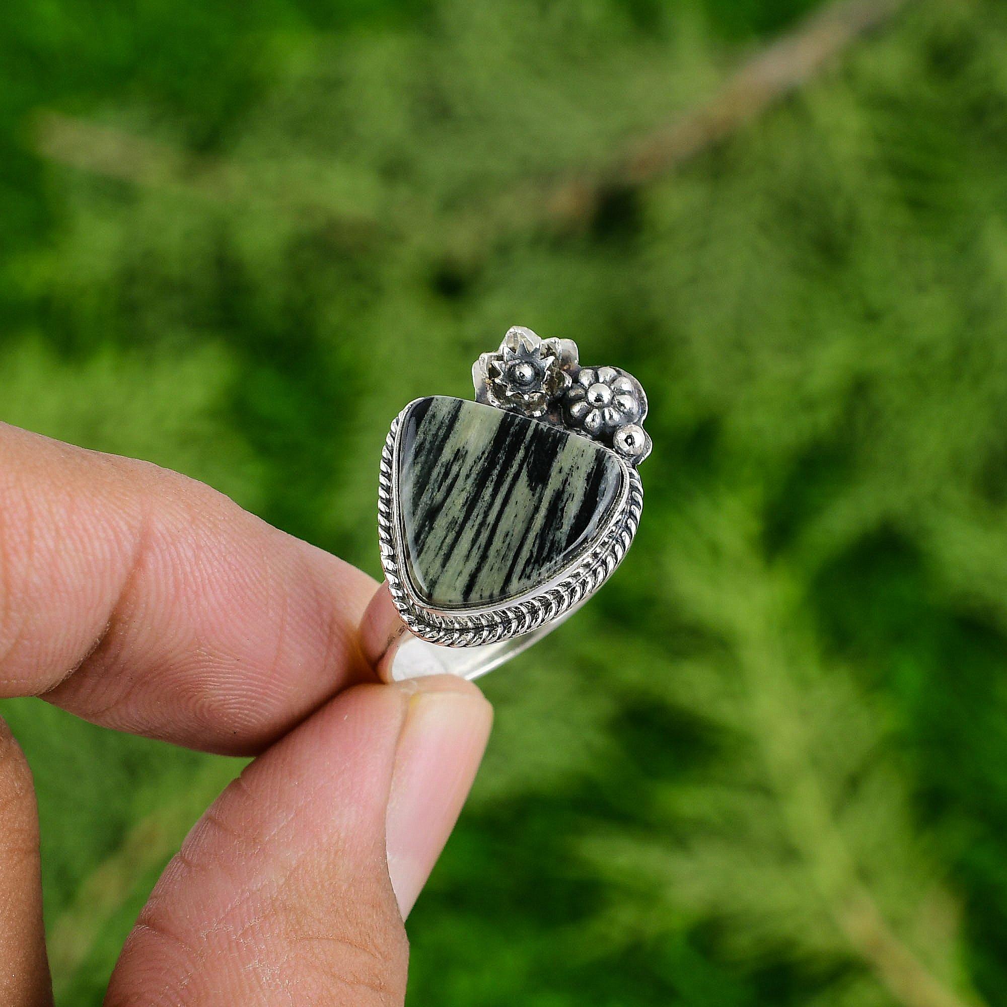 

925 Silver Silver Leaf Jasper Gemstone Anniversary Stackable Flower Ring Jewelry Adjustable