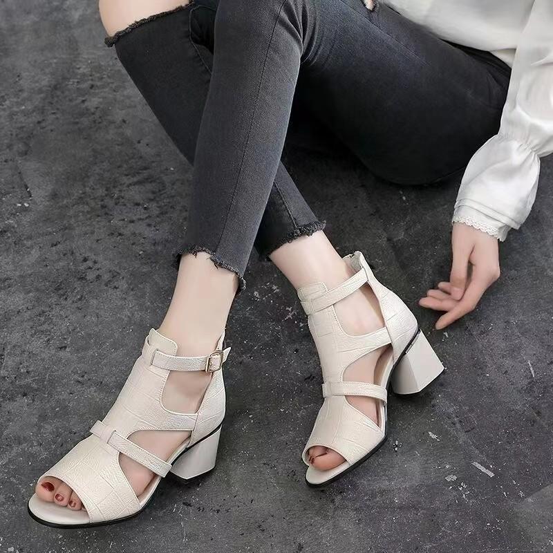 New Thick Heel Fish Mouth Bag Heel Women's Shoes for Outerwear Fashion Hollow Zipper Shoes