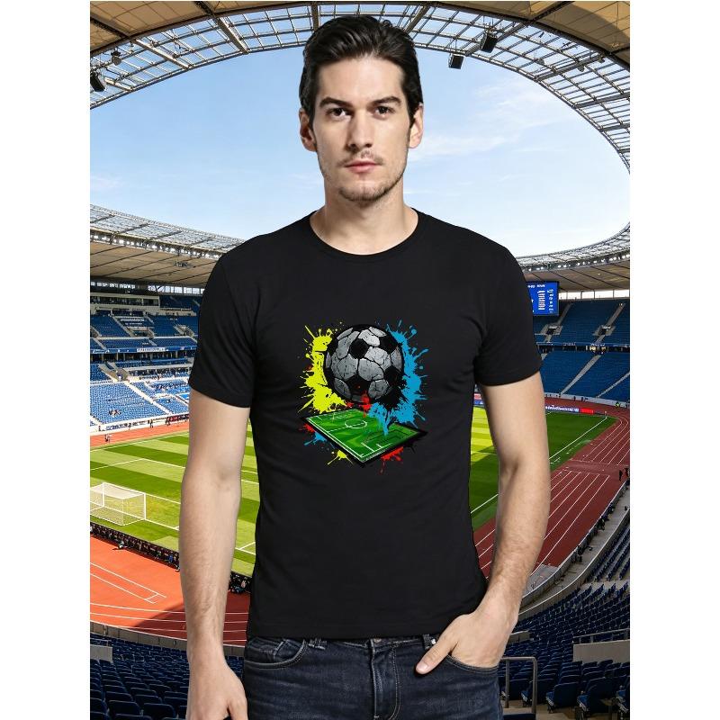 European Size Sports Style Printed T-Shirt, Soccer Ball And Football Field Short Sleeve, Durable Print, Skin-Friendly Lightweight Fabric