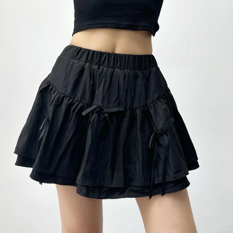 Cute Bow Mini Skirt with Shorts Women's Y2K Sweet Style Cake Skirt Ruffle Elastic Waist Fashion Female Clothing