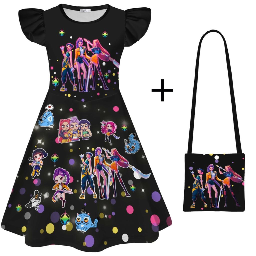 

Детское платье для девочек в стиле аниме, мультяшное, K-pop, «Охотники на демонов», с принтом, рукавами-рюшами, круглым вырезом, повседневное, костюмы для косплея на Хэллоуин 110cm чёрный