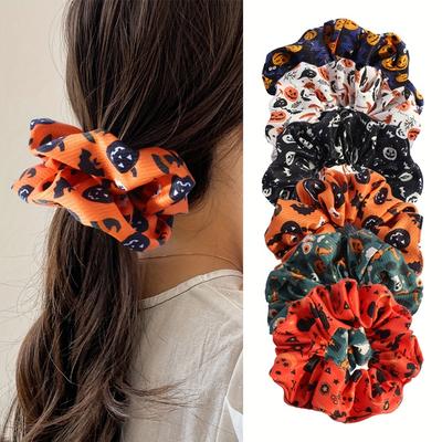 Halloween Hair Scrunchie Spooky Pumpkin Bat Skull Print Retro Hip Hop Style Soft Stretchy Hair Tie for Women, MuColor Festive Fall Party Accessories,