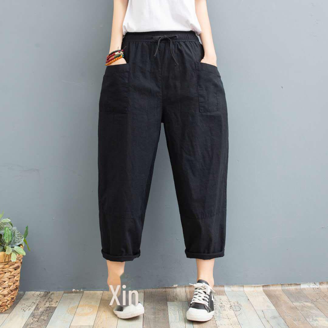 

Женские модные летние брюки-каррот - смесь хлопка и льна, свободный крой, большие размеры, повседневный стиль шаровары с восемью точками 3XL