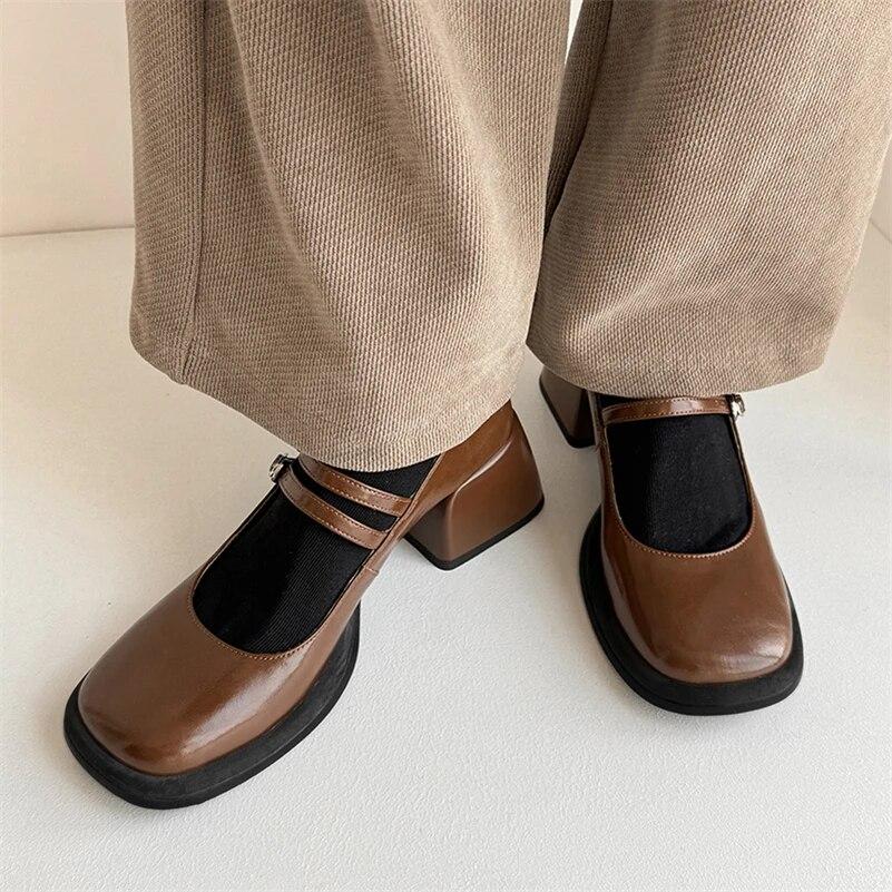 

Meotina/женские туфли-лодочки Мэри Джейн из натуральной кожи с круглым носком, на толстом высоком каблуке с пряжкой, женская модная обувь, весенне-осенний цвет, черный, коричневый цвет 34 чёрный