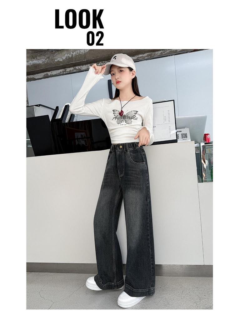 Girls' Wide-Leg Jeans with Stylish Back Pocket, Coffee Color – Autumn 2025
