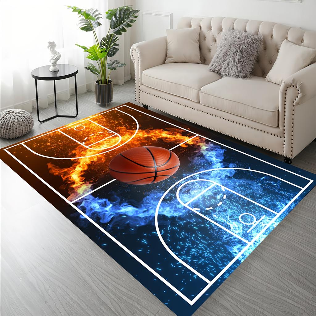 Large Basketball Court Carpet Non Slip Velvet Area Mat Flame Ice Design Machine Washable Polyester Indoor Outdoor Sports Decor