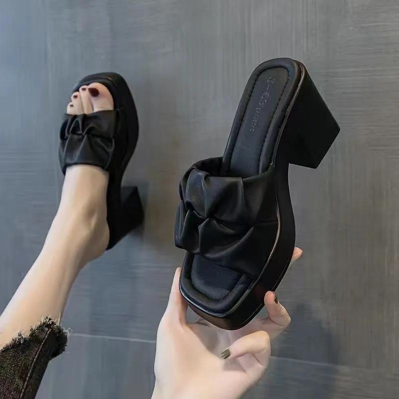 Fashion Summer High-heeled Casual Women Fish Mouth Shoes Ladies Shoes On Sale Fashion New Square Toe Anti-wrinkle Women's Slippers