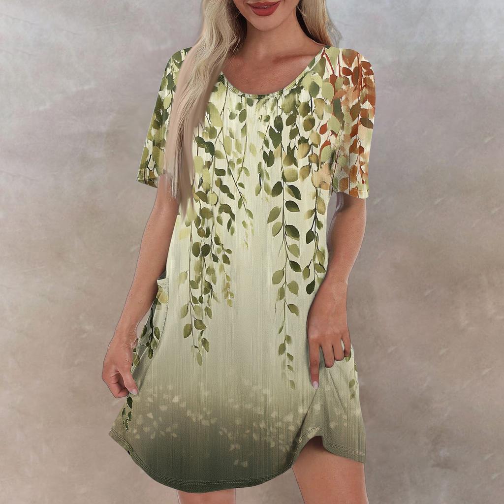 Women's Casual And Fashionable V-neck Short Sleeve Printing Mid Length Dress