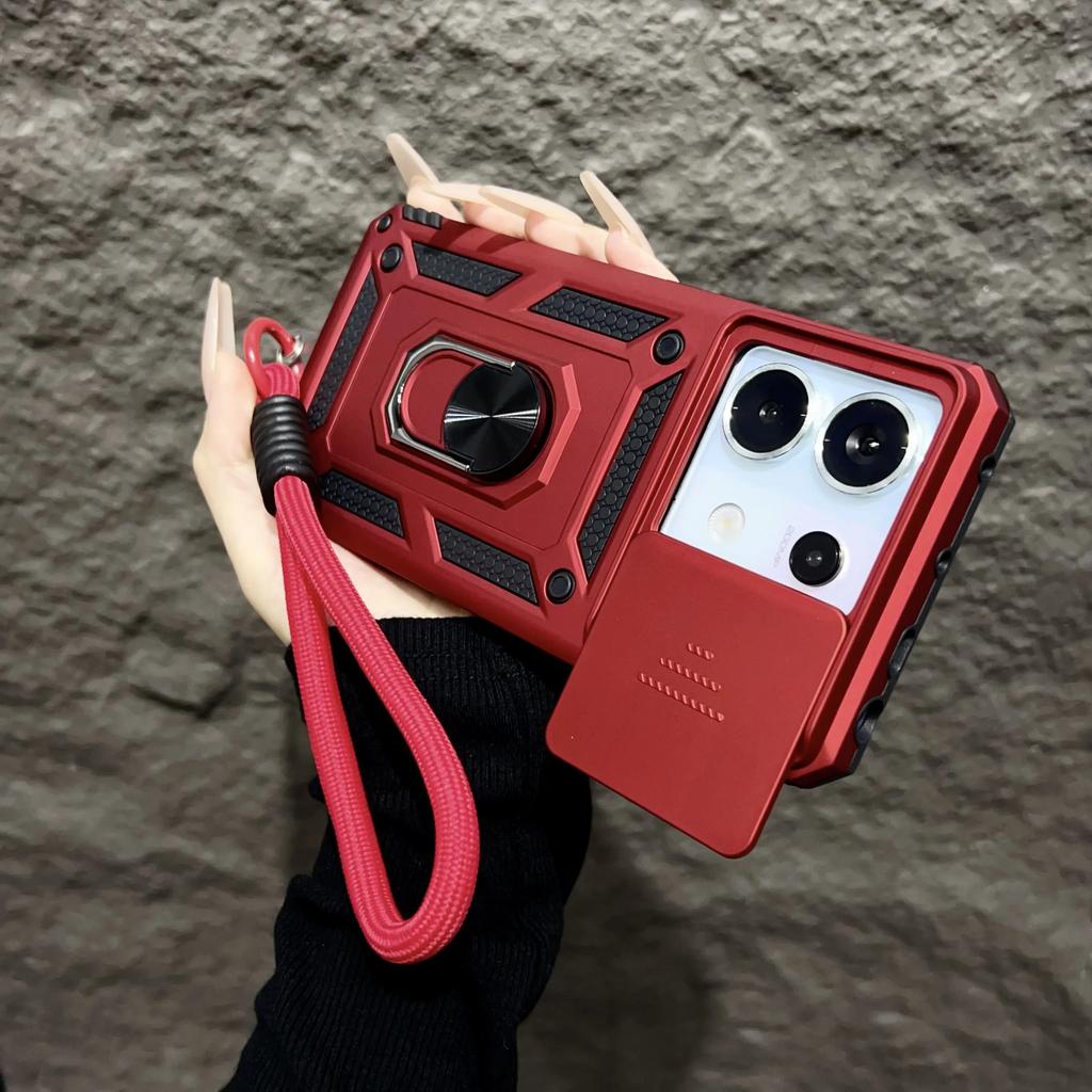 For Xiaomi 14T Pro Case Magnetic Ring Stand With Lanyard Slide Camera Protection Armor Cover for Redmi Note 13 12 Pro 5G 4G 13C
