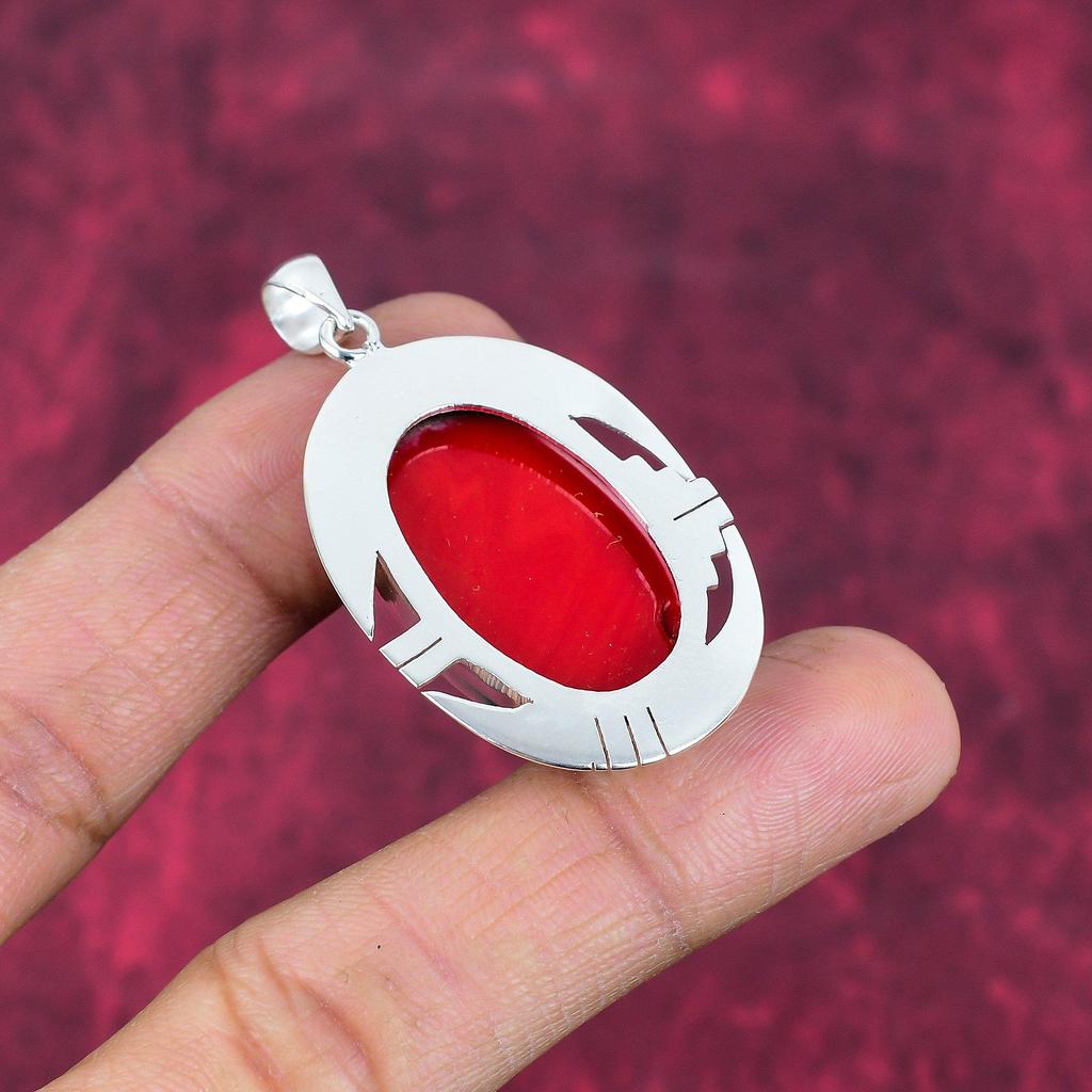 Red Coral Handmade Gemstone Pendant, 925 Solid Sterling Silver Pendant Antique Jewelry, For Engagement Gift