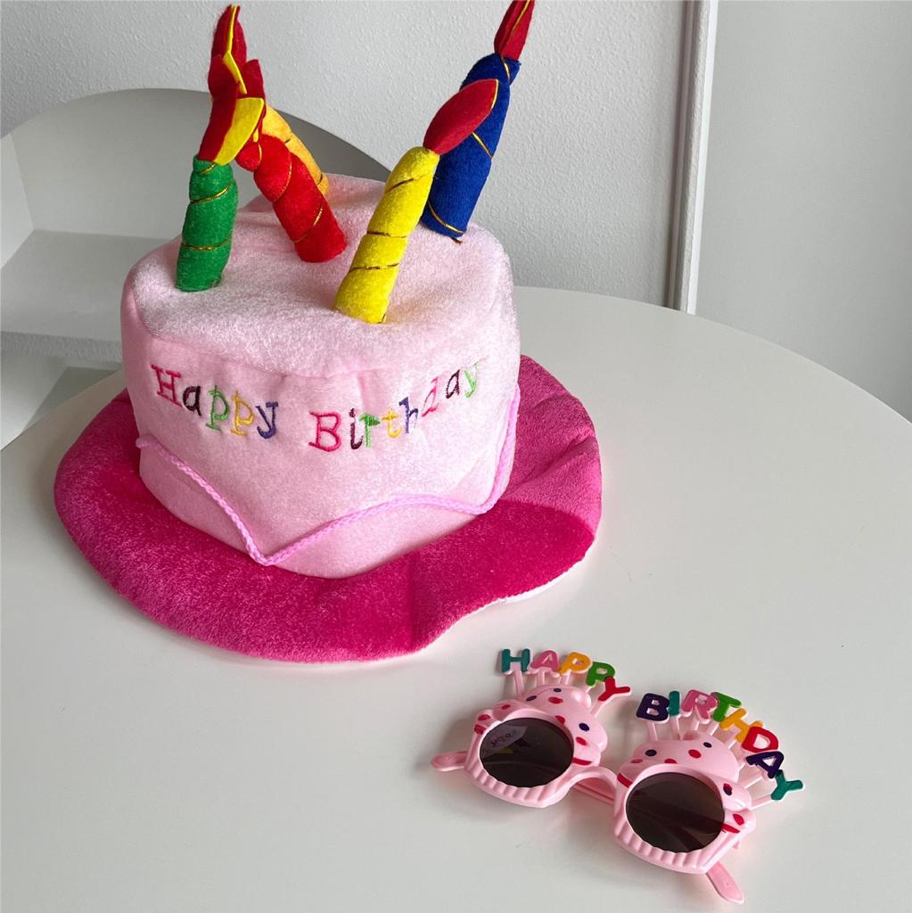 Plush Birthday Cake Hat and Glasses Set 2pcs Novelty Birthday Party Accessories for Kids Adults Happy Birthday Celebration Decor