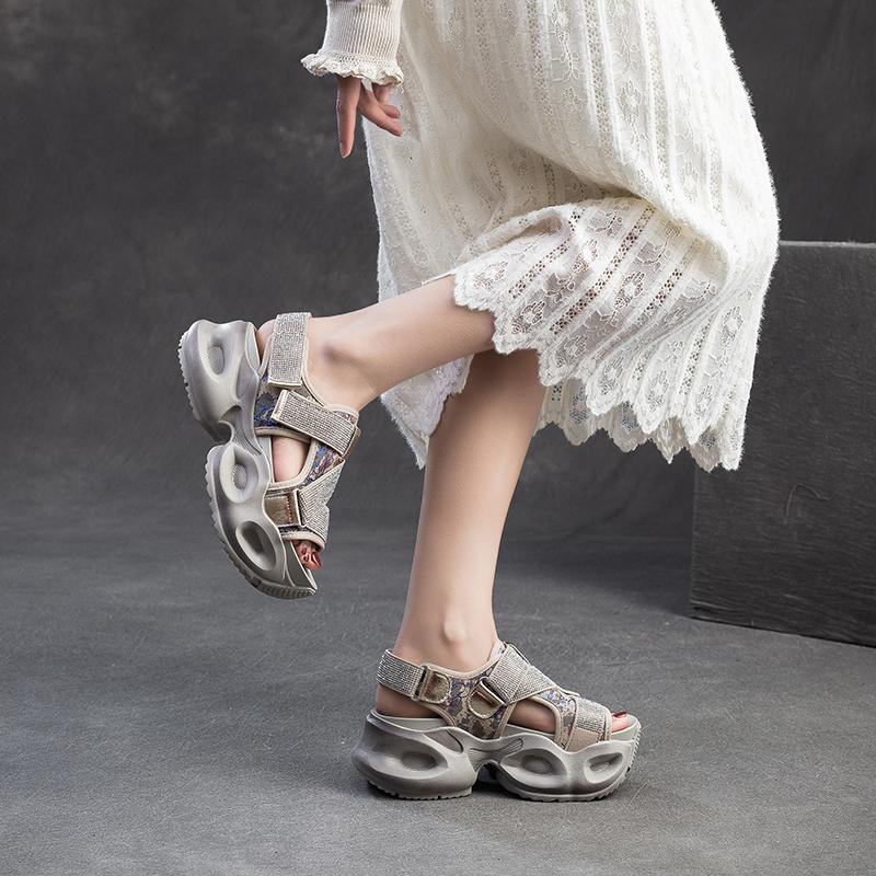 Chunky Platform Sparkle Velcro Sandals for Women Futuristic Thick Sole Summer Shoes