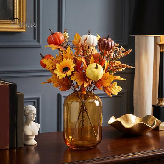 Bouquet Autunnale Artificiale con Zucche in Tessuto Foglie d'Acero Bacche di Grano, Fiori Finti e Decorazioni Autunnali per Centrotavola del Ringraziamento, Stagionale