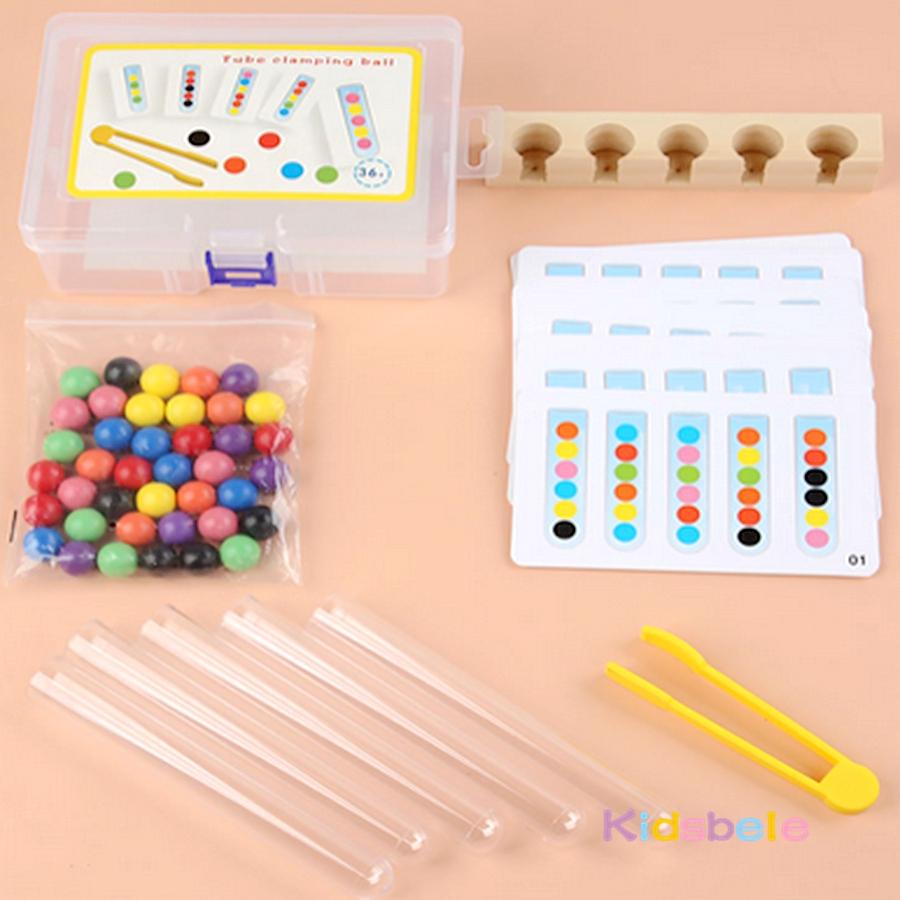 Tube Clamping Ball Toy for Kids Color Sorting & Fine Motor Skills Montessori Style  Wooden Educational Toy with Cards 3-8 Years