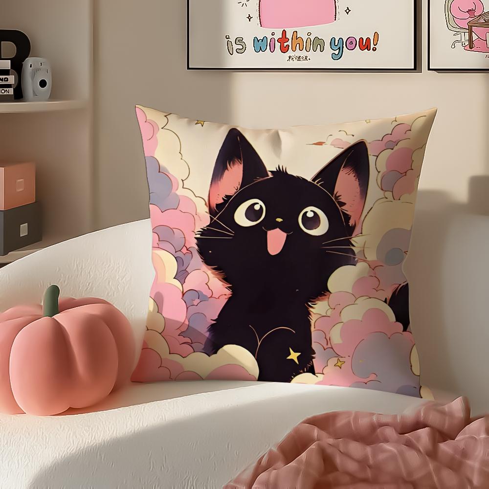 Cute Tiny Adorable Art Cartoon Little Black Cat Cushion Cover Pillowcase Short Plush Invisible Zipper Room Sofa Cushion Cover