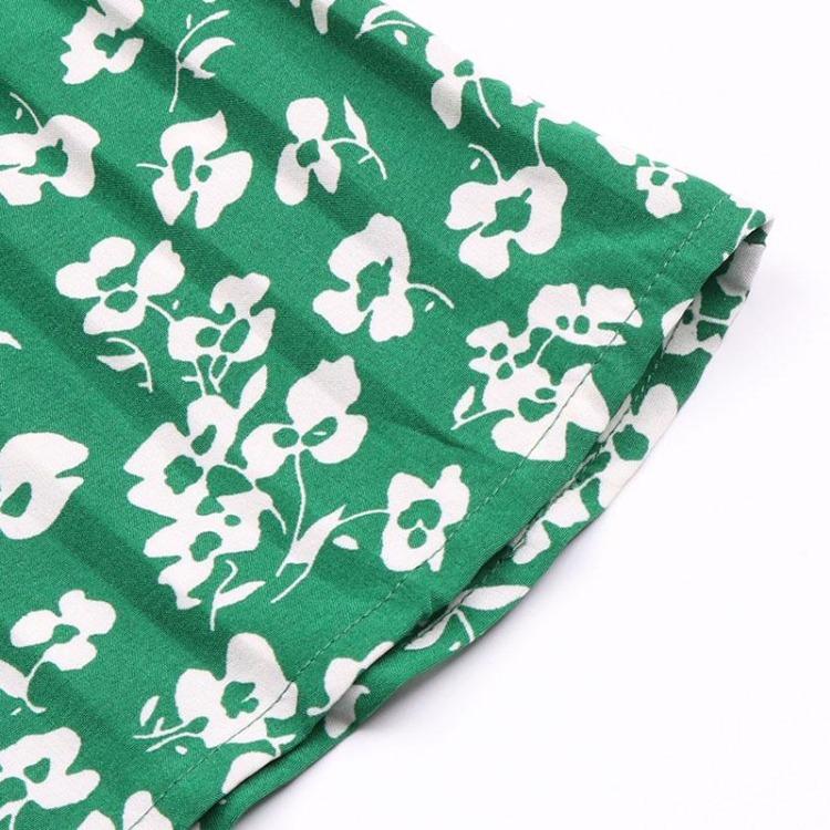 Women Summer Green Floral Print Pleated Dress Short Sleeve O Neck Lace Up