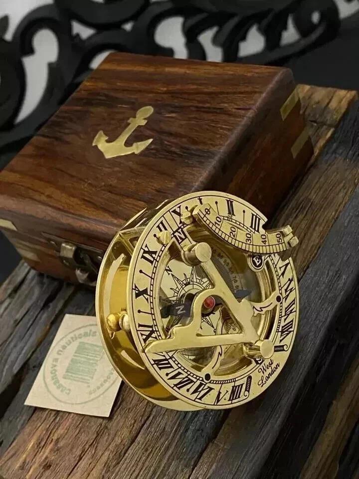 Nautical Compass - Brass Sundial Compass with Wooden Box - Christmas Gift -