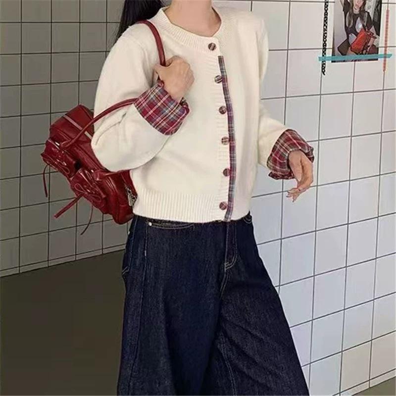 

Контрастный клетчатый дизайн, трикотажный кардиган с длинными рукавами, весенне-осенний, с круглым вырезом, имитация двух частей, свитер-жакет, топ женский average size бежевый