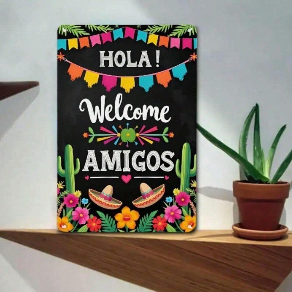 Hola Amigos Iron Wall Art Colorful Mexican Fiesta Welcome Sign Cactus Sombrero Decor Retro Home Cafe Party Hanging Plaque