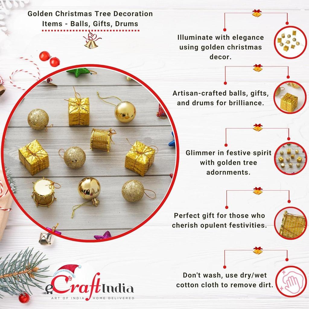 Golden Christmas Tree Decoration Items Gifts Drums Balls (Pack of 10) Xmas Hanging Ornaments Props | Christmas Decorations