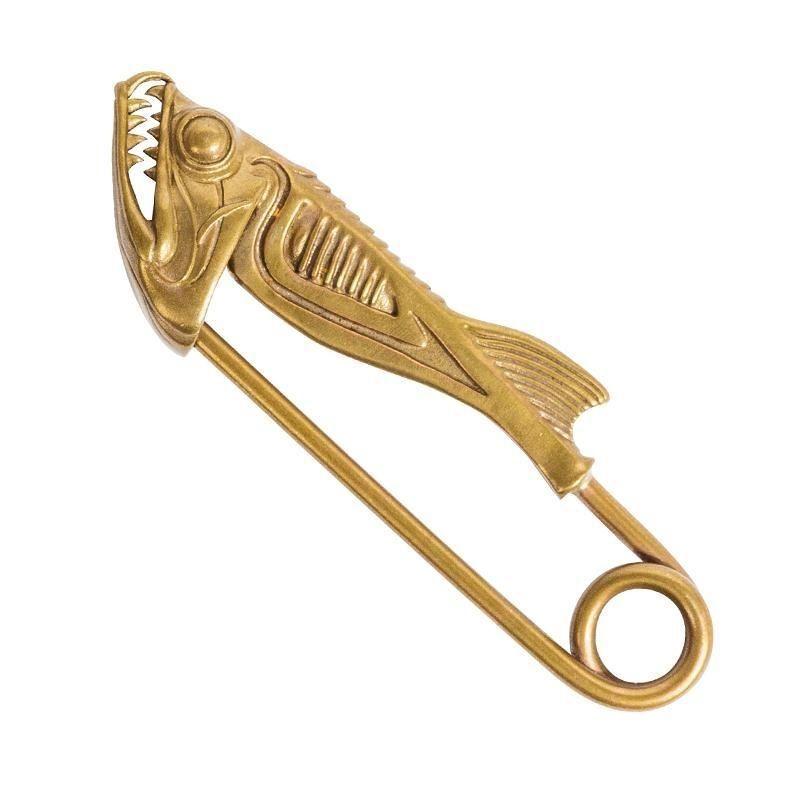 Retro Brass Piranha Shape Brooch Fish Head Pin Animal Series Pendant Key Chain Bag Hanging Exquisite Handmade Accessories