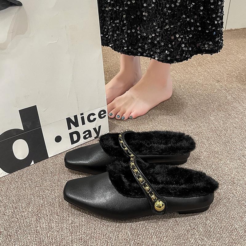 Fashion 2025 New Fashion Women Round Toe Flats Baotou Slippers with Velvet Matte Finish Single Casual Shoes Women Comfort Loafers Shoes
