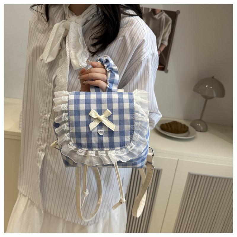 1Pcs Large Capacity Bow Shoulder Bag Multi Functional Korean Style Lace Plaid Backpack Travel Canvas Backpack Book Bag