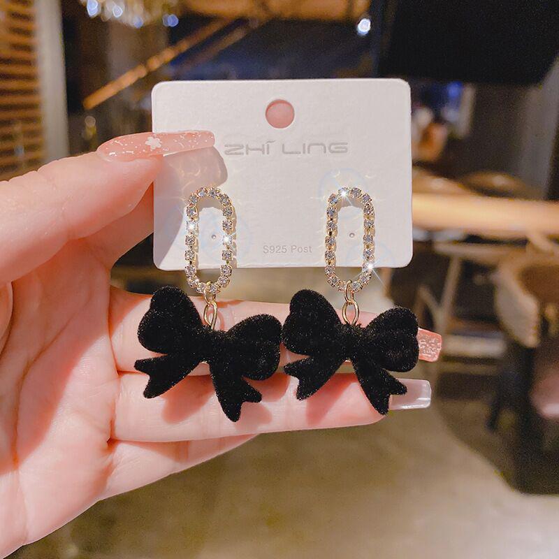 925 Silver Bowknot Tassel Earrings with Diamonds