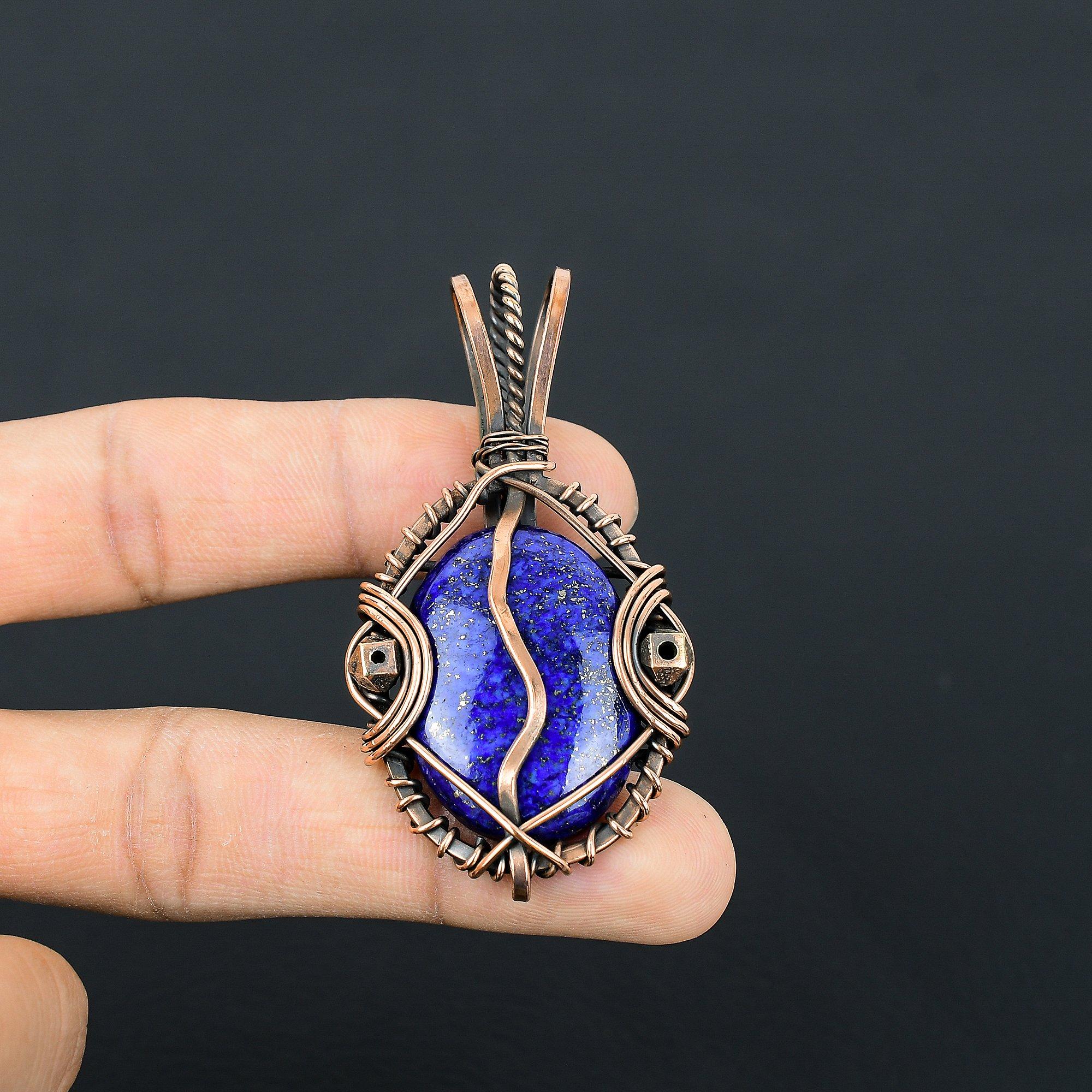 

Подвеска из лазурита, ювелирное изделие из драгоценного камня ручной работы, подвеска, обернутая медной проволокой 999 пробы, ювелирная подвеска уникального дизайна 2.55 Inches
